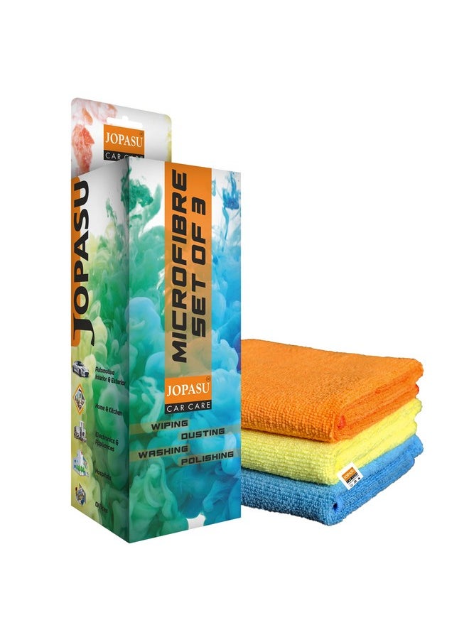 Jopasu - JOPASU Microfiber Cloth 250 GSM (Set of 3, Blue, Orange, Yellow) (40x40 cms) Multipurpose Cleaning Cloths for Cars, Bikes, Kitchen & Home Appliances - Image 1