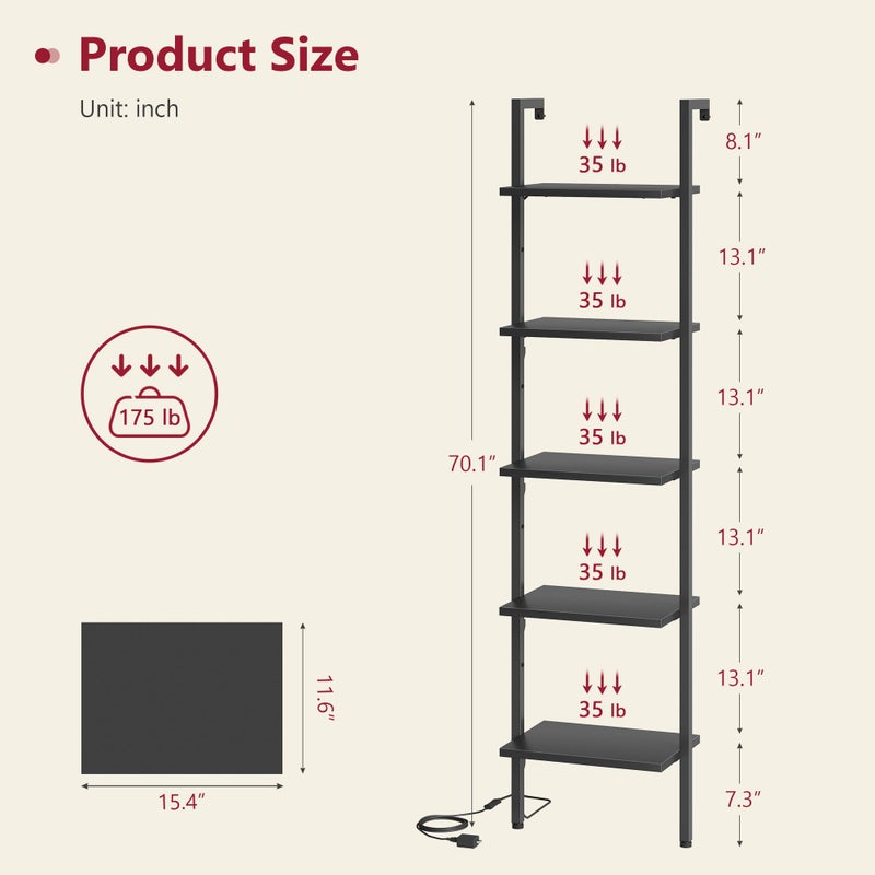 Tajsoon 5 Tier Ladder Shelf with Light, Wooden Wall Mounted Book Shelf, Ladder Bookshelf with Metal Frame, Wall Mounted Ladder Bookshelf for Office, Living Room, Bedroom, Black - Image 2