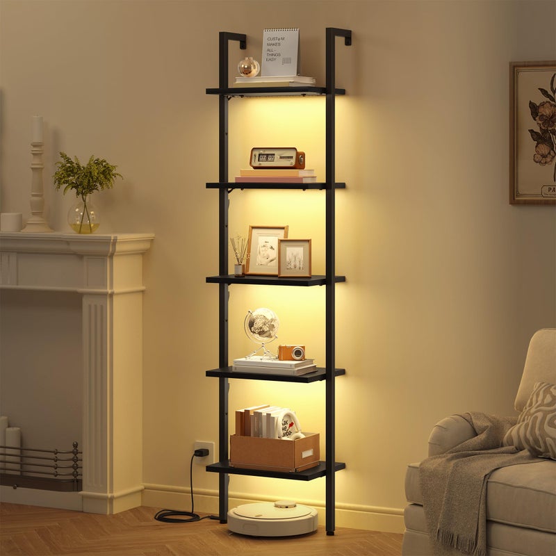 Tajsoon 5 Tier Ladder Shelf with Light, Wooden Wall Mounted Book Shelf, Ladder Bookshelf with Metal Frame, Wall Mounted Ladder Bookshelf for Office, Living Room, Bedroom, Black - Image 1