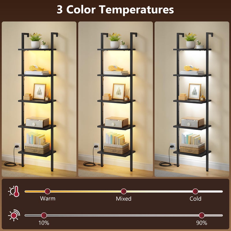 Tajsoon 5 Tier Ladder Shelf with Light, Wooden Wall Mounted Book Shelf, Ladder Bookshelf with Metal Frame, Wall Mounted Ladder Bookshelf for Office, Living Room, Bedroom, Black - Image 4