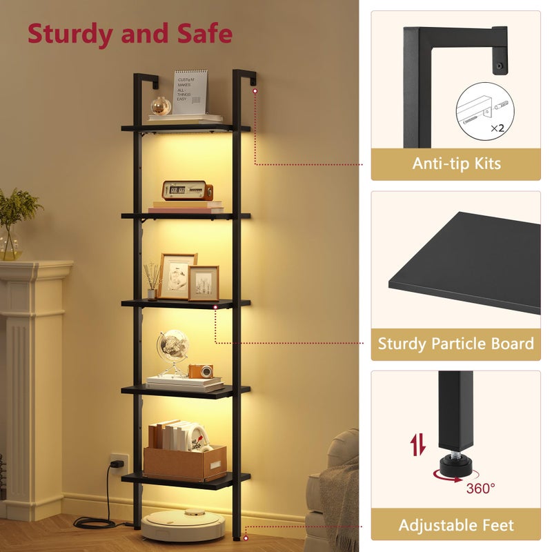 Tajsoon 5 Tier Ladder Shelf with Light, Wooden Wall Mounted Book Shelf, Ladder Bookshelf with Metal Frame, Wall Mounted Ladder Bookshelf for Office, Living Room, Bedroom, Black - Image 5