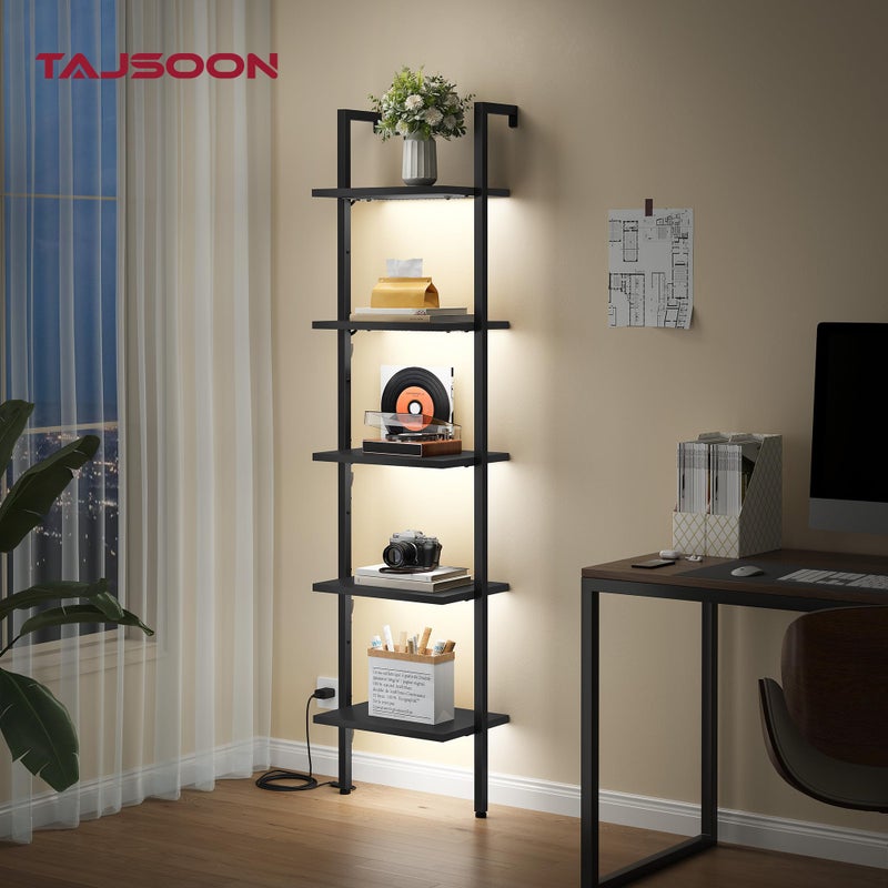 Tajsoon 5 Tier Ladder Shelf with Light, Wooden Wall Mounted Book Shelf, Ladder Bookshelf with Metal Frame, Wall Mounted Ladder Bookshelf for Office, Living Room, Bedroom, Black - Image 3