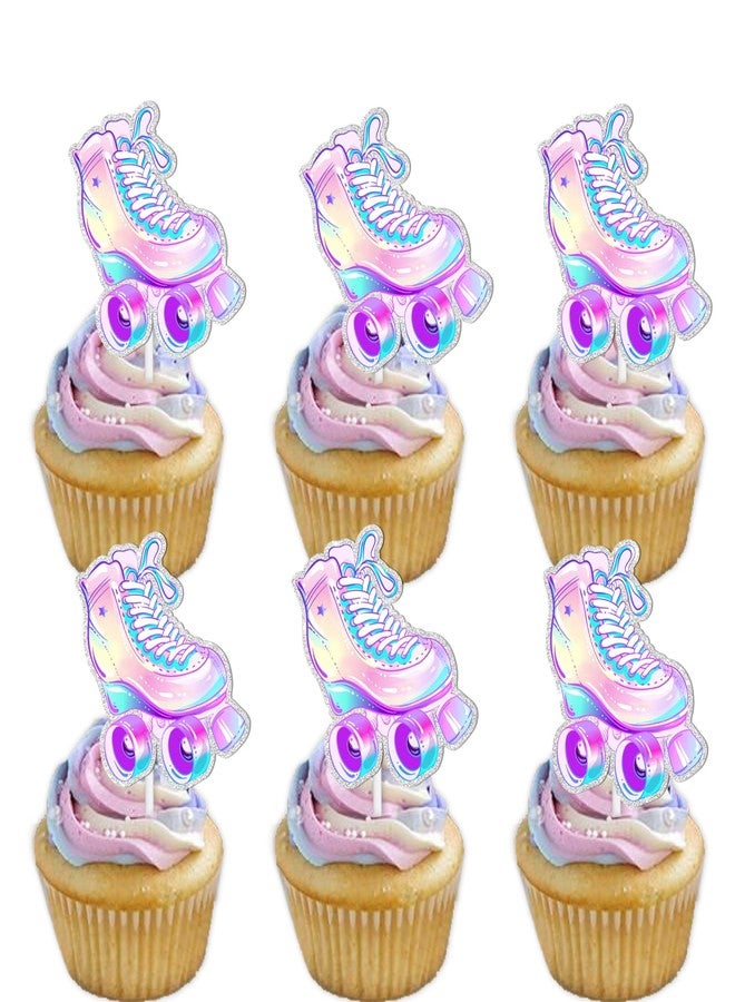 LETLIMIT 18pcs Glitter Roller Skates Dessert Cupcake Topper Children Boy Girl Happy Birthday Party Decorations 80s 90s Retro Hip Hop Roller Skating Theme Decor Supplies - Image 1