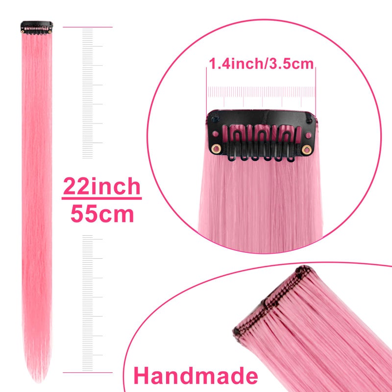 TOFAFA 22 inch Pink Hair Extensions, Colored Party Highlights Clip in Long Straight Hairpiece Colorful Synthetic Hair Extensions for Kids Girls Women Christmas New Year Cosplay Gift(10 PCS Pink) - Image 3