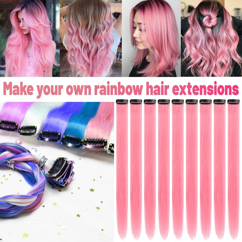 TOFAFA 22 inch Pink Hair Extensions, Colored Party Highlights Clip in Long Straight Hairpiece Colorful Synthetic Hair Extensions for Kids Girls Women Christmas New Year Cosplay Gift(10 PCS Pink) - Image 2
