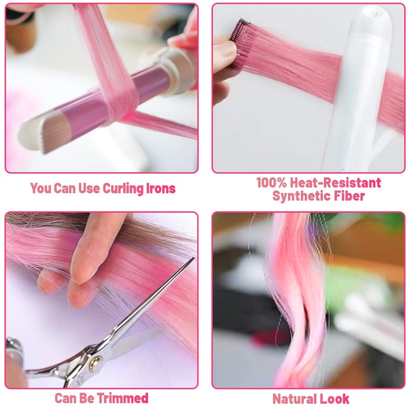 TOFAFA 22 inch Pink Hair Extensions, Colored Party Highlights Clip in Long Straight Hairpiece Colorful Synthetic Hair Extensions for Kids Girls Women Christmas New Year Cosplay Gift(10 PCS Pink) - Image 4
