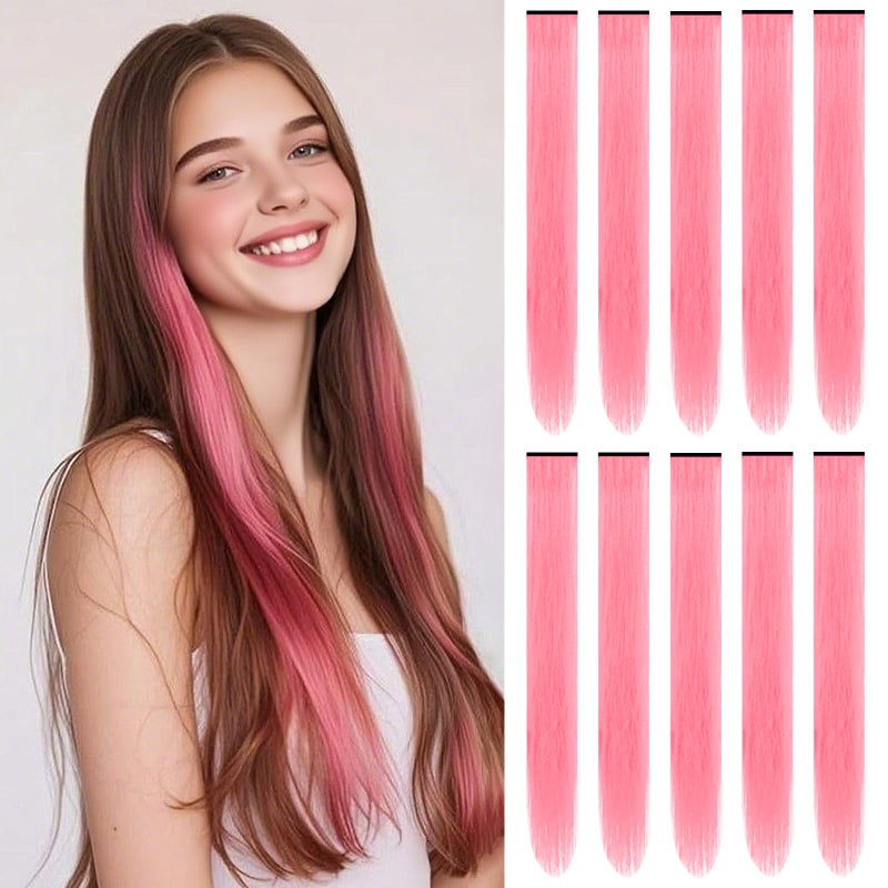 TOFAFA 22 inch Pink Hair Extensions, Colored Party Highlights Clip in Long Straight Hairpiece Colorful Synthetic Hair Extensions for Kids Girls Women Christmas New Year Cosplay Gift(10 PCS Pink) - Image 1