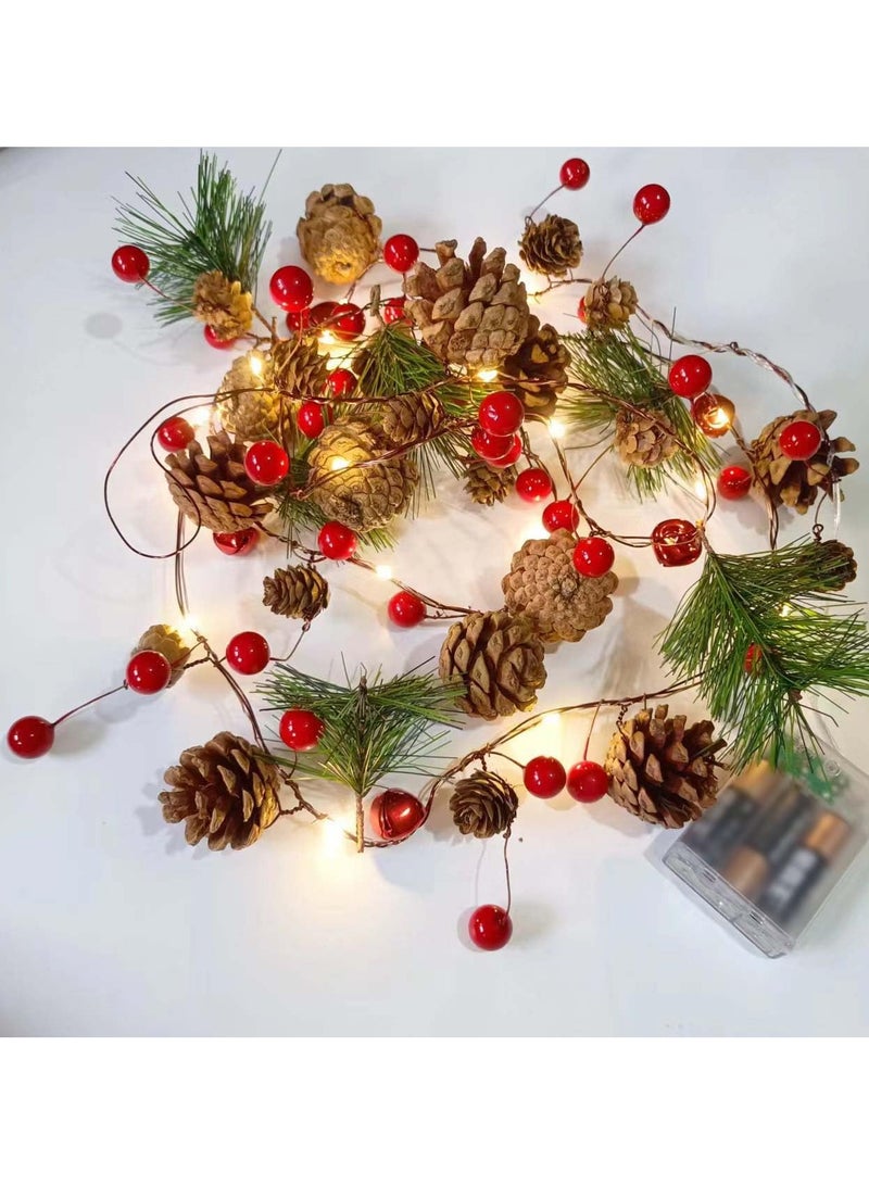 AUTOYSUR سلسلة أضواء عيد الميلاد على شكل مخاريط الصنوبر بطول 2م، 20 ليد، أبيض دافئ - تعمل بالبطارية (تتطلب 3×AA) ، سلسلة عيد الميلاد المضيئة لشجرة الميلاد، المدفأة وزينة السلم - Image 1