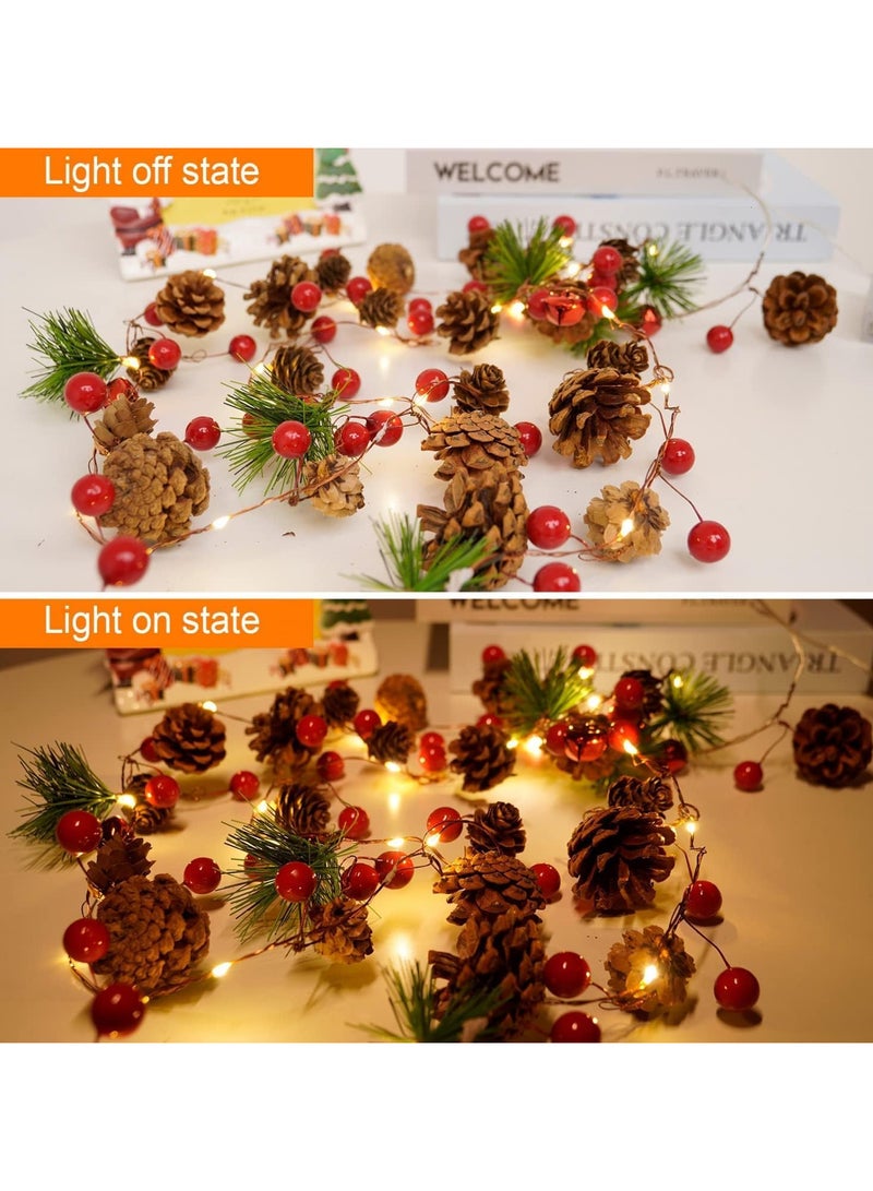 AUTOYSUR سلسلة أضواء عيد الميلاد على شكل مخاريط الصنوبر بطول 2م، 20 ليد، أبيض دافئ - تعمل بالبطارية (تتطلب 3×AA) ، سلسلة عيد الميلاد المضيئة لشجرة الميلاد، المدفأة وزينة السلم - Image 2