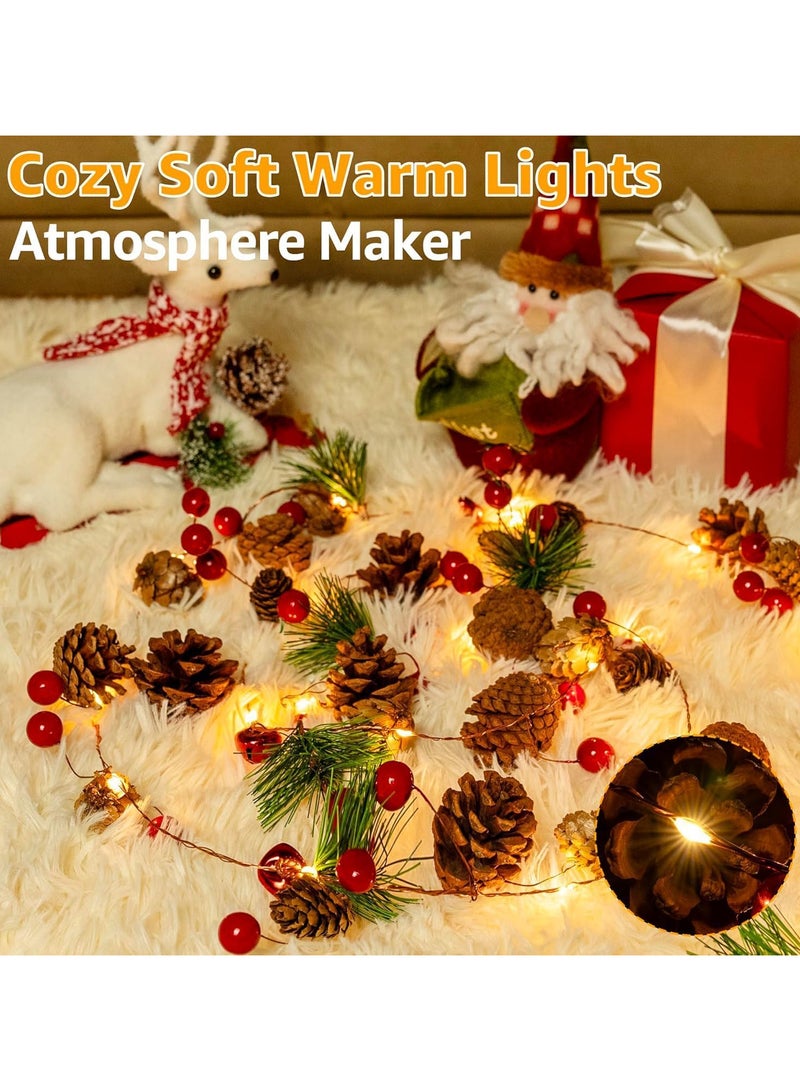 AUTOYSUR سلسلة أضواء عيد الميلاد على شكل مخاريط الصنوبر بطول 2م، 20 ليد، أبيض دافئ - تعمل بالبطارية (تتطلب 3×AA) ، سلسلة عيد الميلاد المضيئة لشجرة الميلاد، المدفأة وزينة السلم - Image 4