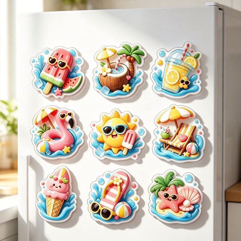 Summer Cartoon Fridge Magnets - Watermelon, Coconut, Flamingo, Starfish - Image 1