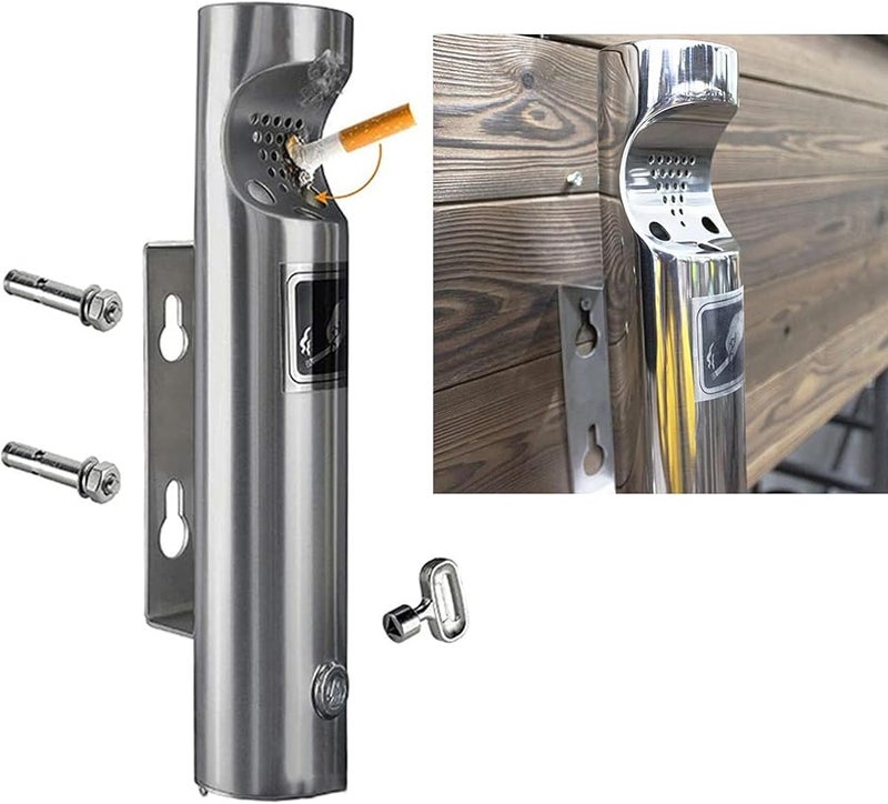 Lockable Stainless Steel Wall Mounted Ashtray Silver Easy Clean Outdoor Patio Office Bar - Image 1