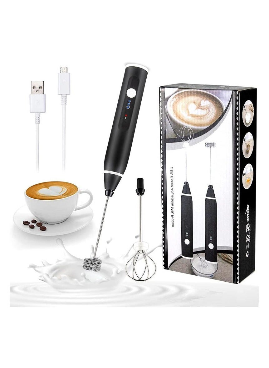 Milk Frother - Hand-Held Electric Whisk Portable Coffee frother USB Rechargeable 3-Speed Milk frother Beverage Mixer for Matcha Cappuccino with 2 Stainless Steel Whisk and 1 Cleaning Brush