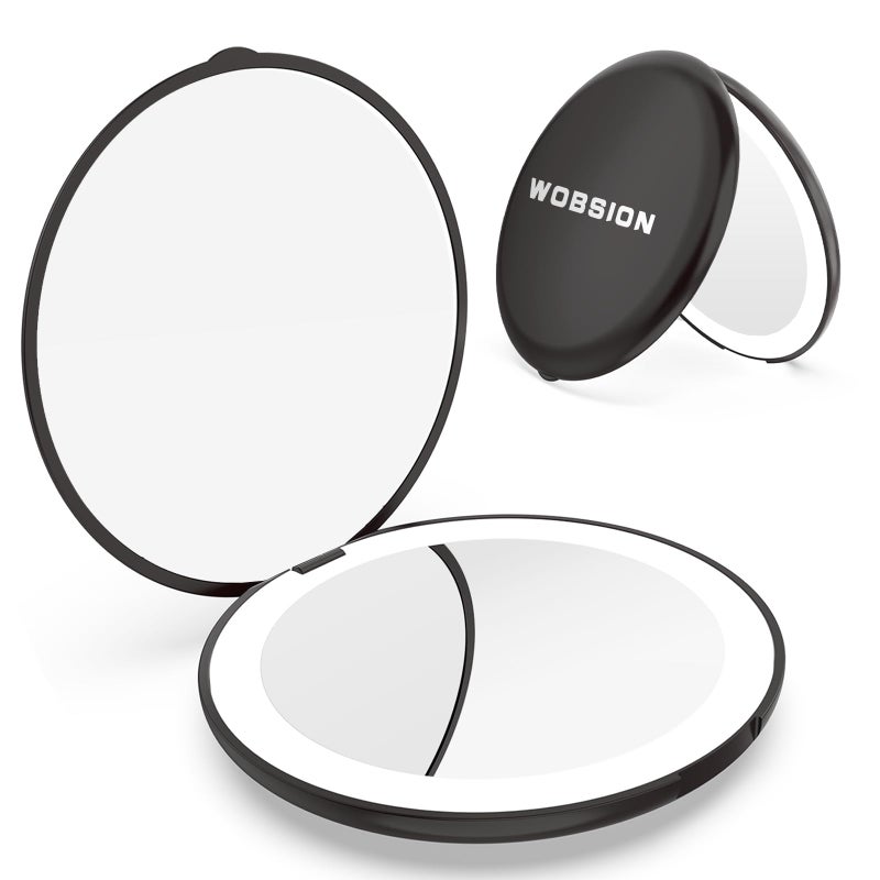 wobsion Travel Compact MirrorPortable 1x10x LED Makeup Mirror with MagnificationHandheld 2Sided Pocket Mirror 35in Small Mirror for PurseHandbagGiftBlack