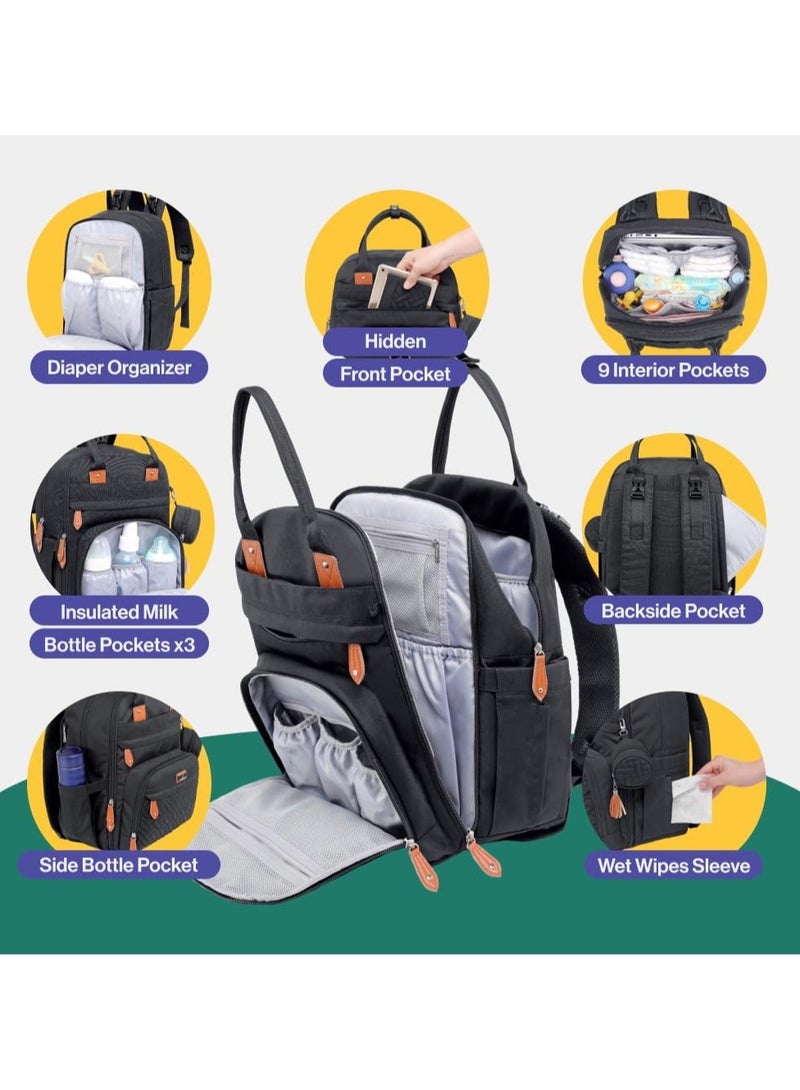 BabbleRoo Diaper Bag Backpack - Tote - Multi function Waterproof Diaper Bag, Travel Essentials Baby Bag with Changing Pad, Stroller Straps & Pacifier Case - Unisex, Blac - Image 2