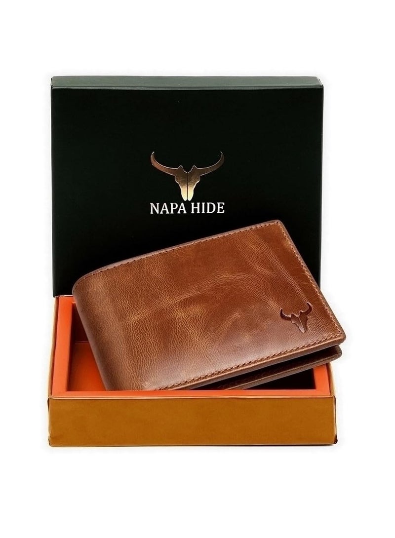 NAPA HIDE Leather Wallet for Men I Handcrafted I Credit/Debit Card Slots I 2 Currency Compartments I 2 Secret Compartments (Tan Crunch) - Image 1