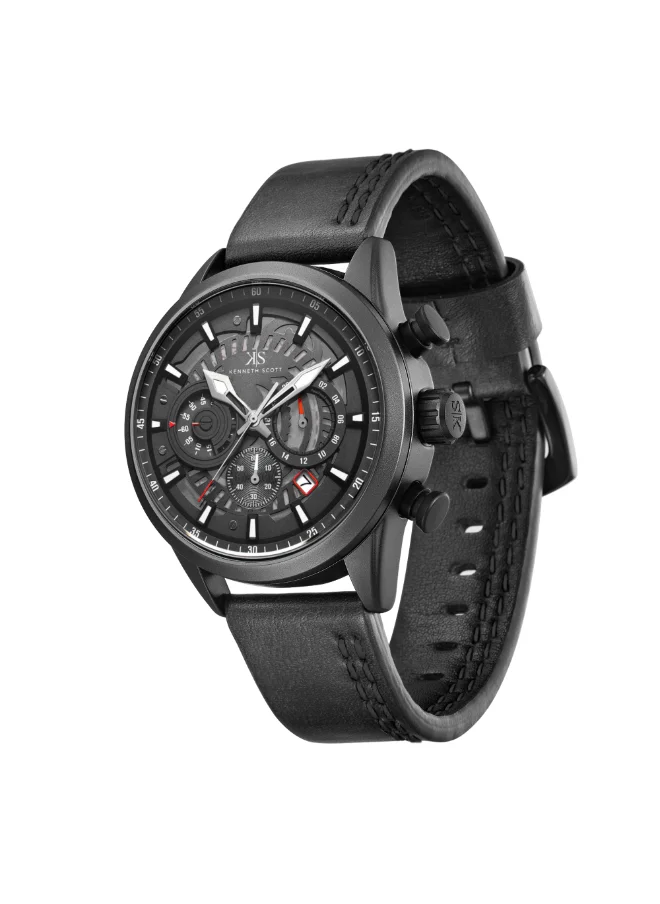 كينيث سكوت Men's Chronograph Display Watch With Black PU Strap - K25107-BLBB