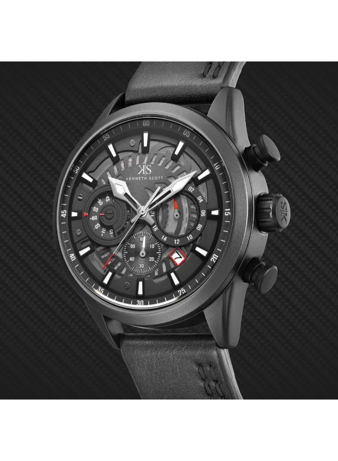 كينيث سكوت Men's Chronograph Display Watch With Black PU Strap - K25107-BLBB