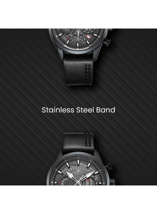 كينيث سكوت Men's Chronograph Display Watch With Black PU Strap - K25107-BLBB
