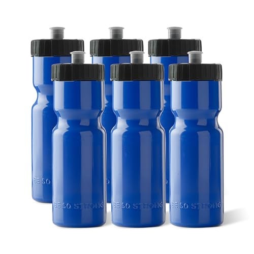 50 Strong Sports Water Bottles 6-Pack – Reusable 22 oz BPA-Free Plastic Bottles with Pull Top Cap – Made in USA – Top Rack Dishwasher Safe – Fits Most Bike Cages Brand - Blue - Image 1