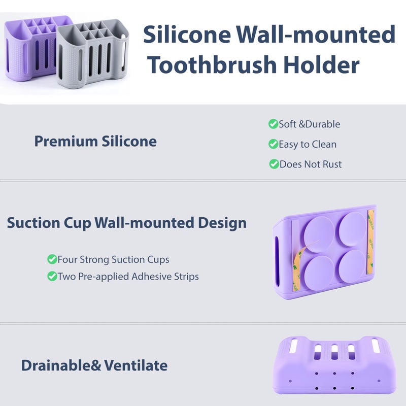 MtBoi Wall-Mounted Silicone Toothbrush Holders for Bathrooms, Electric Toothbrush, Shaver and Toothpaste Holder, Multiple Slots, Suction Pad& Adhesive Tape, Bathroom Organizer, Bathroom Accessories (Purple) - Image 2