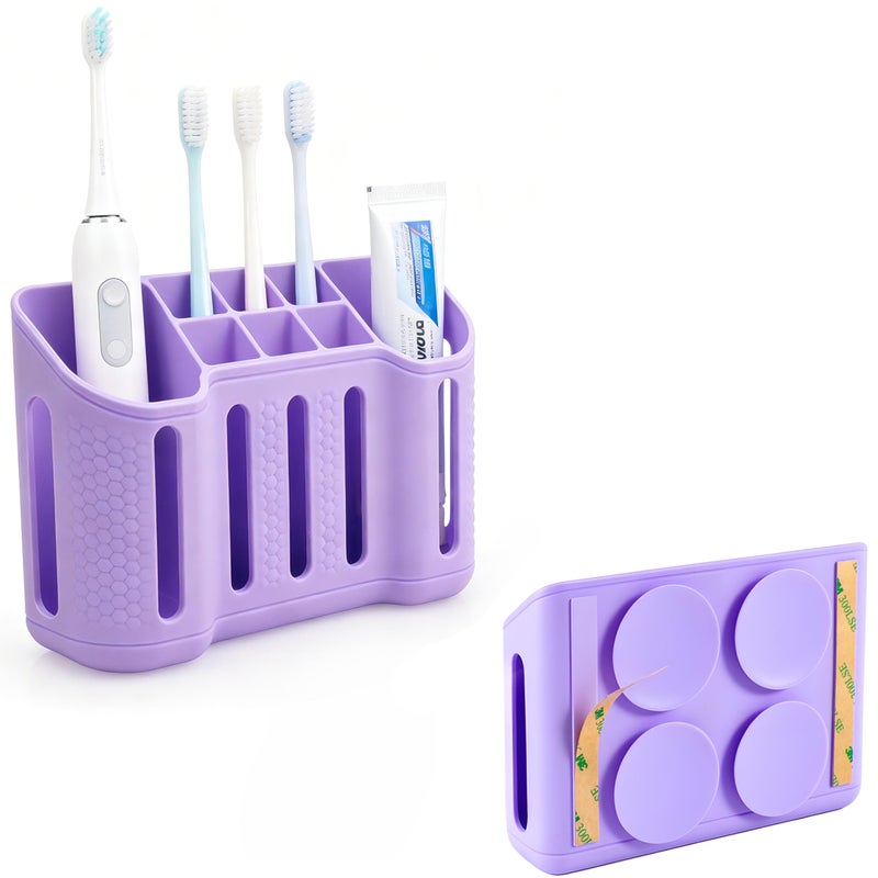 MtBoi Wall-Mounted Silicone Toothbrush Holders for Bathrooms, Electric Toothbrush, Shaver and Toothpaste Holder, Multiple Slots, Suction Pad& Adhesive Tape, Bathroom Organizer, Bathroom Accessories (Purple) - Image 1