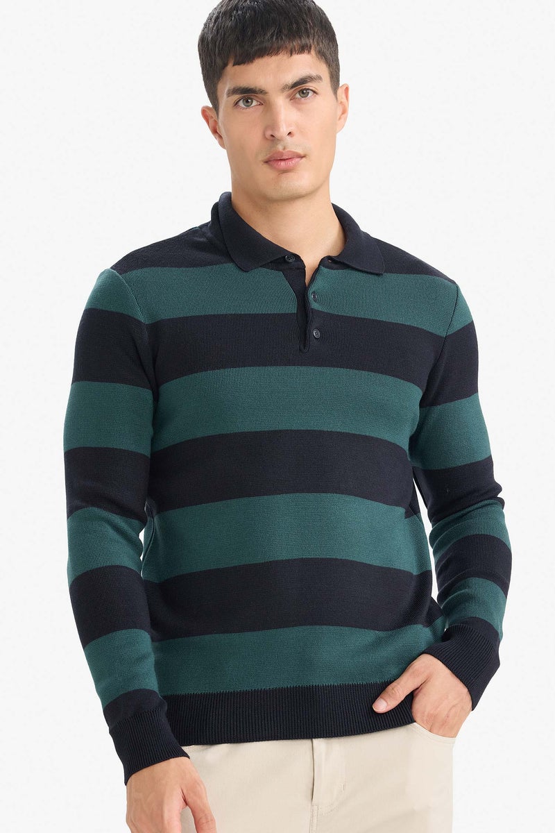 DeFacto Green Man Standard Fit Polo Collar Knitwear Pullover Casual - Image 1