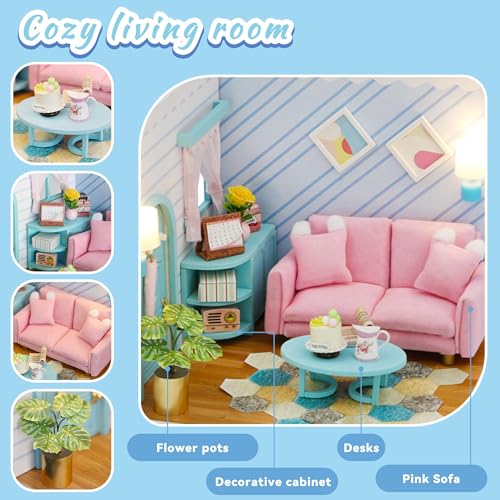 Kisoy Dollhouse Miniature with Furniture Kit DIY 3D Wooden DIY House Kit A Corner of a Small Apartment Style with Dust Cover LED Handmade Tiny House Toys for Adults and Teens GiftLiving Room - Image 5