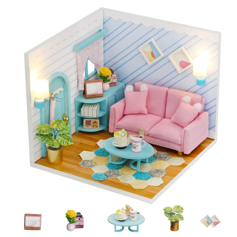 Kisoy Dollhouse Miniature with Furniture Kit DIY 3D Wooden DIY House Kit A Corner of a Small Apartment Style with Dust Cover LED Handmade Tiny House Toys for Adults and Teens GiftLiving Room - Image 3