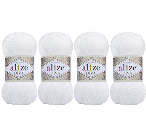 ALIZE 100 Microfiber Acrylic Alize Diva Silk Effect Knitting Sport Crochet Yarn Lot of 4 Ball skeins 400gr 1532yds Color 55 White - Image 1