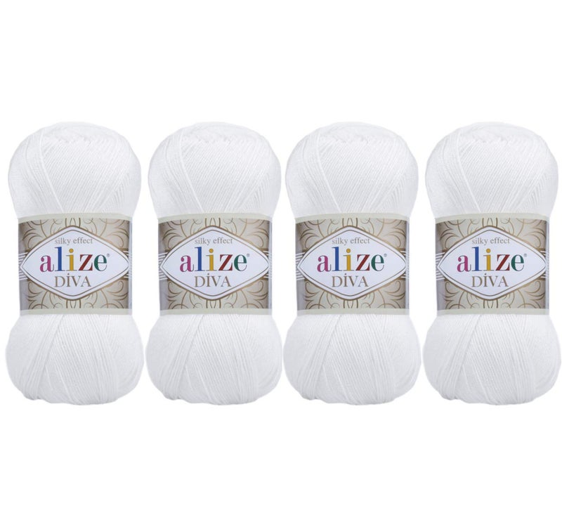 ALIZE 100 Microfiber Acrylic Alize Diva Silk Effect Knitting Sport Crochet Yarn Lot of 4 Ball skeins 400gr 1532yds Color 55 White - Image 2