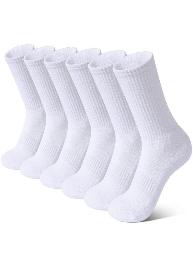 BOOPH 6 Pairs Kids Crew Socks Boys Girls Athletic Cushioned Hiking Sock Warm Soft Running Socks White 10-14 Years - Image 1