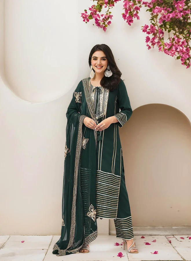 ISHIN Women'S Green 100% Cotton Embroidered Straight Fit Kurta Set