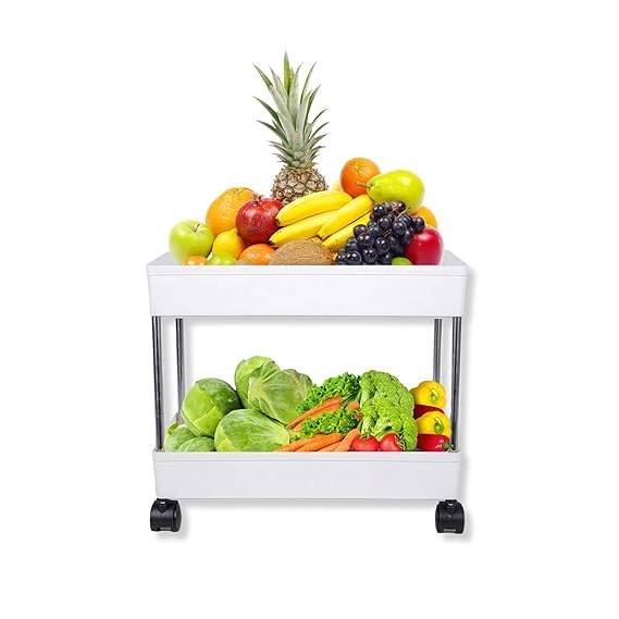 Leaffybezz Plastic 2 Layer Multipurpose Kitchen Trolley with Wheels, Space Saving Home Storage Organizer Rack Vegetable Trolley Rack Stand for Living Room, Bedroom, Office (White) - Image 1