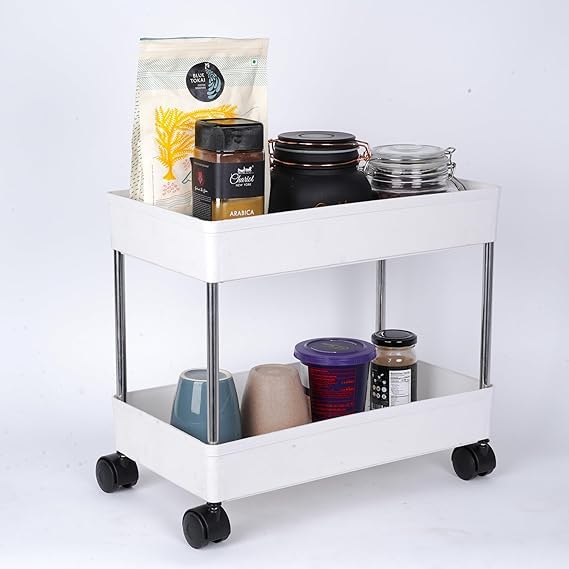 Leaffybezz Plastic 2 Layer Multipurpose Kitchen Trolley with Wheels, Space Saving Home Storage Organizer Rack Vegetable Trolley Rack Stand for Living Room, Bedroom, Office (White) - Image 4