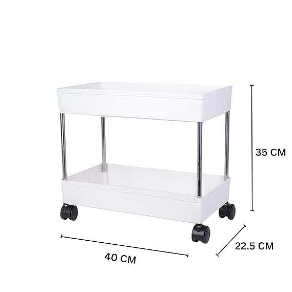 Leaffybezz Plastic 2 Layer Multipurpose Kitchen Trolley with Wheels, Space Saving Home Storage Organizer Rack Vegetable Trolley Rack Stand for Living Room, Bedroom, Office (White) - Image 5