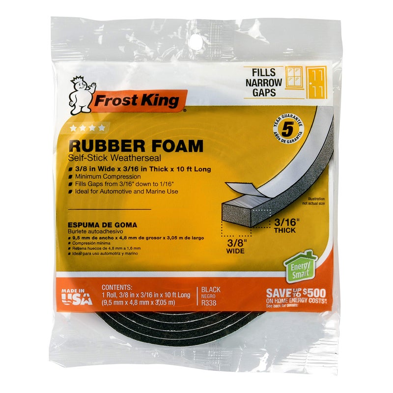 Frost King R338H Self-Stick Rubber Foam Weatherseal, 3/8"W, 3/16"T, Black|Blacks - Image 1