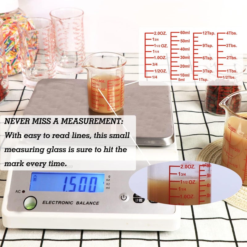 Ackers BORO3.3 High Borosilicate Glass Measuring Cup-V-Shaped Spoutï¼ŒGlass Measuring Beaker for Kitchen or Restaurant, Easy to Read, 60 ML (2 Oz)-Pack of 2 - Image 4