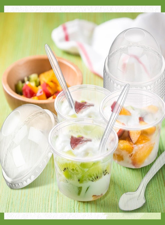 Layhit أكواب بلاستيكية شفافة ذات استخدام واحد 150 قطعة مع أغطية قبة وملعقات أكواب حلوى أكواب آيس كريم صغيرة حاويات حلوى أطباق خفيفة للكعك والفواكه والبارفيه والطعام والبودينغ في الحفلات (8 أونصات) - Image 2