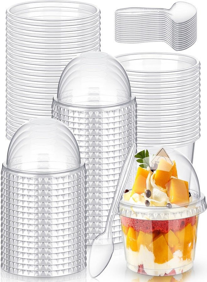Layhit أكواب بلاستيكية شفافة ذات استخدام واحد 150 قطعة مع أغطية قبة وملعقات أكواب حلوى أكواب آيس كريم صغيرة حاويات حلوى أطباق خفيفة للكعك والفواكه والبارفيه والطعام والبودينغ في الحفلات (8 أونصات) - Image 1