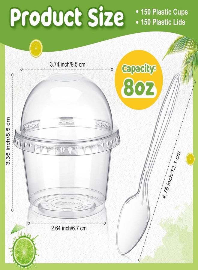 Layhit أكواب بلاستيكية شفافة ذات استخدام واحد 150 قطعة مع أغطية قبة وملعقات أكواب حلوى أكواب آيس كريم صغيرة حاويات حلوى أطباق خفيفة للكعك والفواكه والبارفيه والطعام والبودينغ في الحفلات (8 أونصات) - Image 3