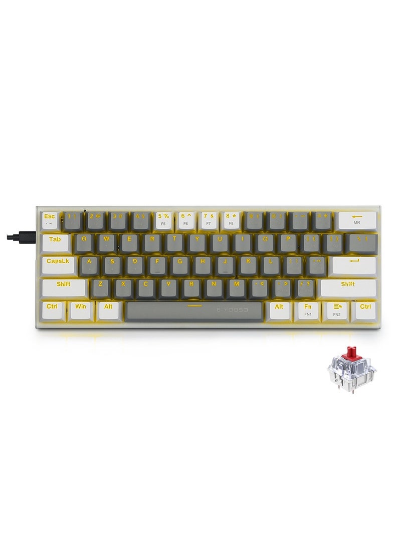 E-YOOSO - Z-11 60% Mechanical Gaming Keyboard,Red Switch 61 Keys Wired Compact Keyboard,Yellow Backlit and Metal Panel for Windows,Mac OS-Grey White - Image 1