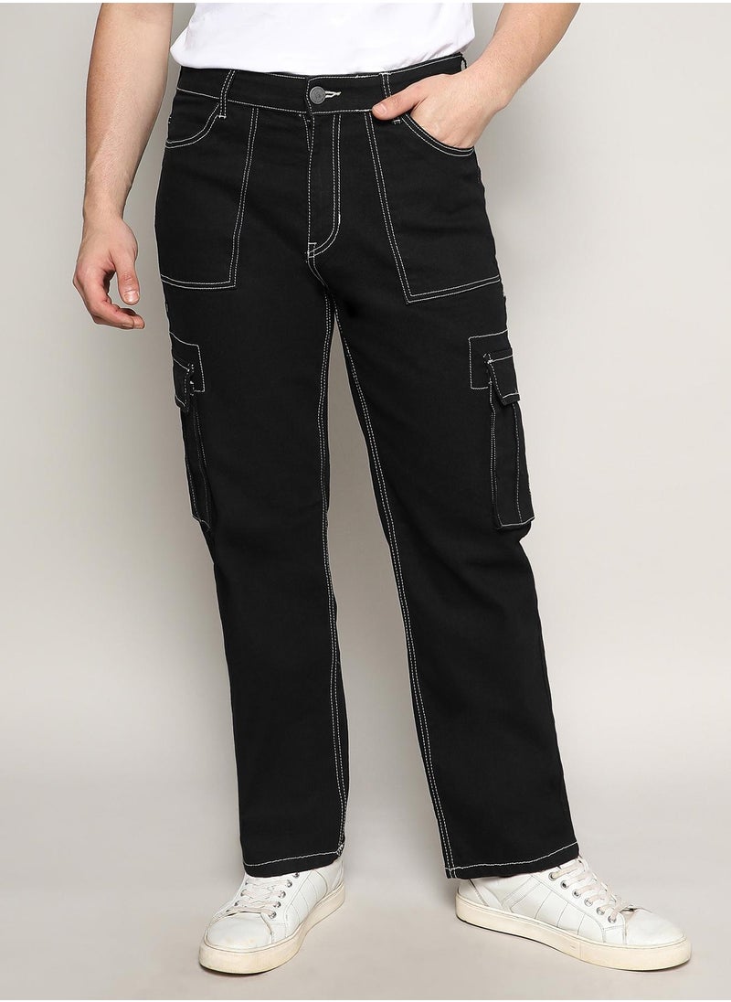 Campus Sutra - Men's Jet Black Contrast Stitched Cargo Denim Jeans - Image 1