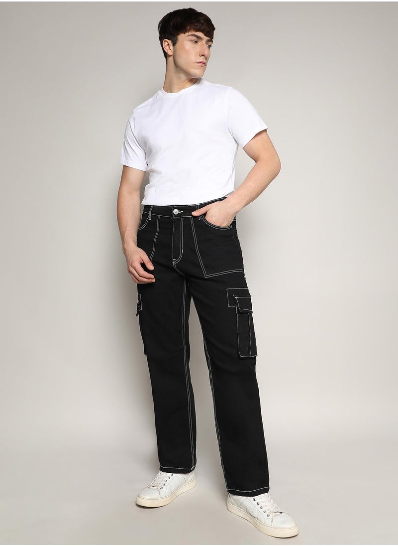 Campus Sutra - Men's Jet Black Contrast Stitched Cargo Denim Jeans - Image 1