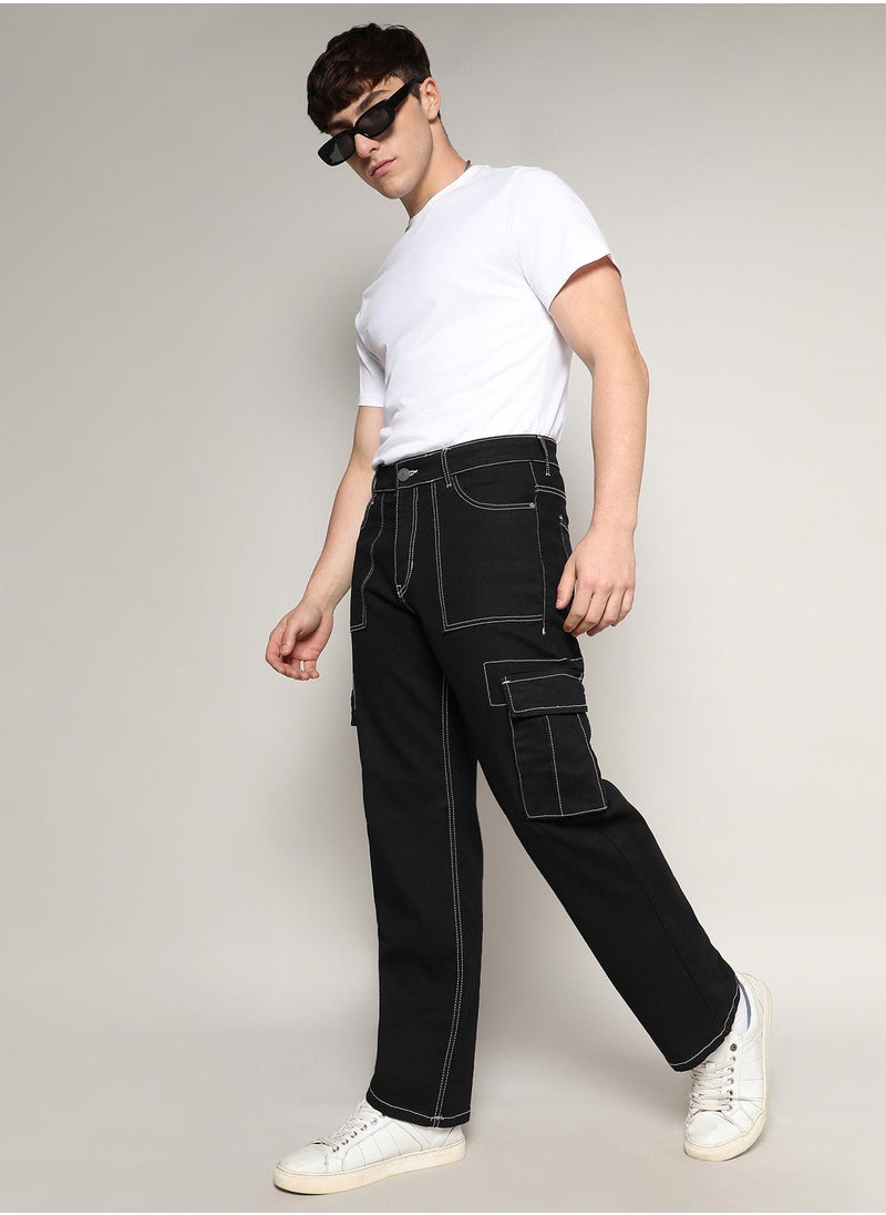 Campus Sutra - Men's Jet Black Contrast Stitched Cargo Denim Jeans - Image 1