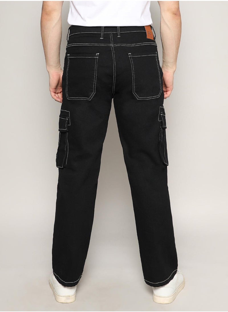 Campus Sutra - Men's Jet Black Contrast Stitched Cargo Denim Jeans - Image 1
