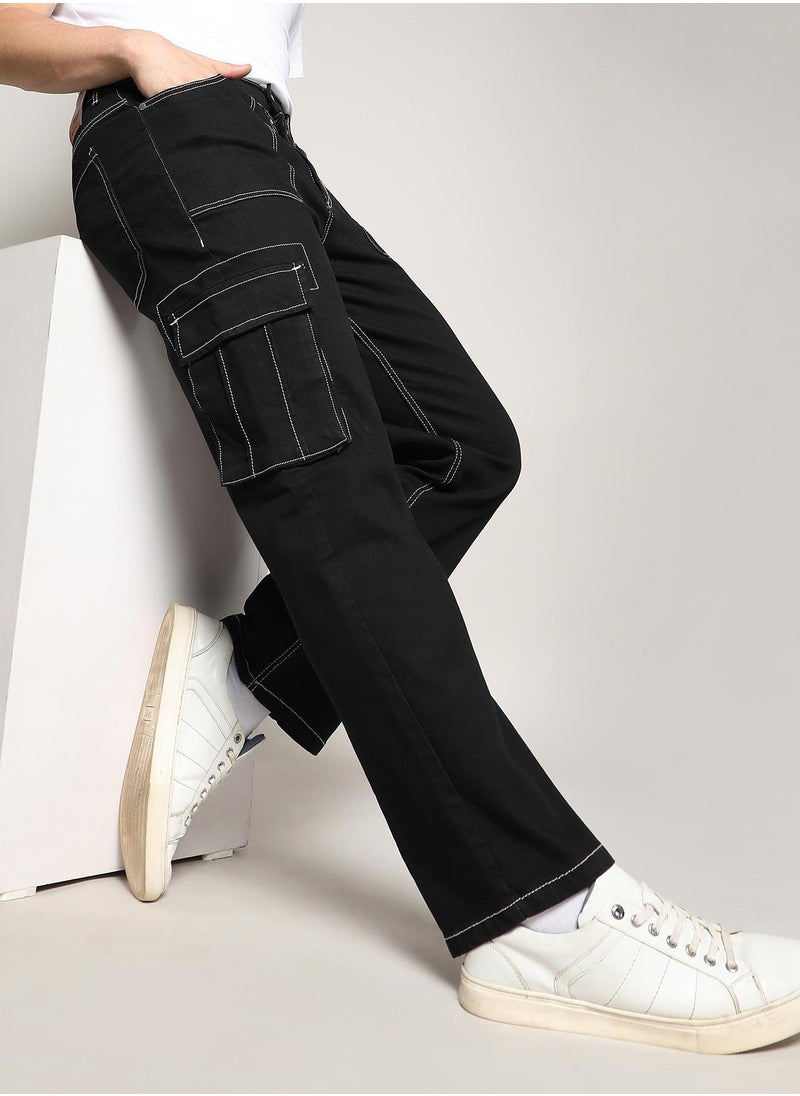 Campus Sutra - Men's Jet Black Contrast Stitched Cargo Denim Jeans - Image 1