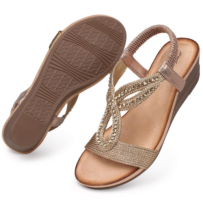 SHIBEVER Wedge Sandals for Women Dressy: Summer Ladies Size 8 Comfortable Walking Low Platform Casual Champagne Sandal - Image 2