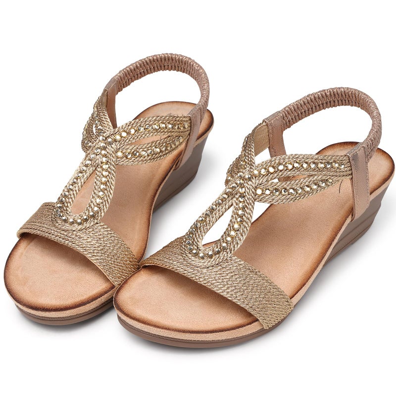 SHIBEVER Wedge Sandals for Women Dressy: Summer Ladies Size 8 Comfortable Walking Low Platform Casual Champagne Sandal - Image 4