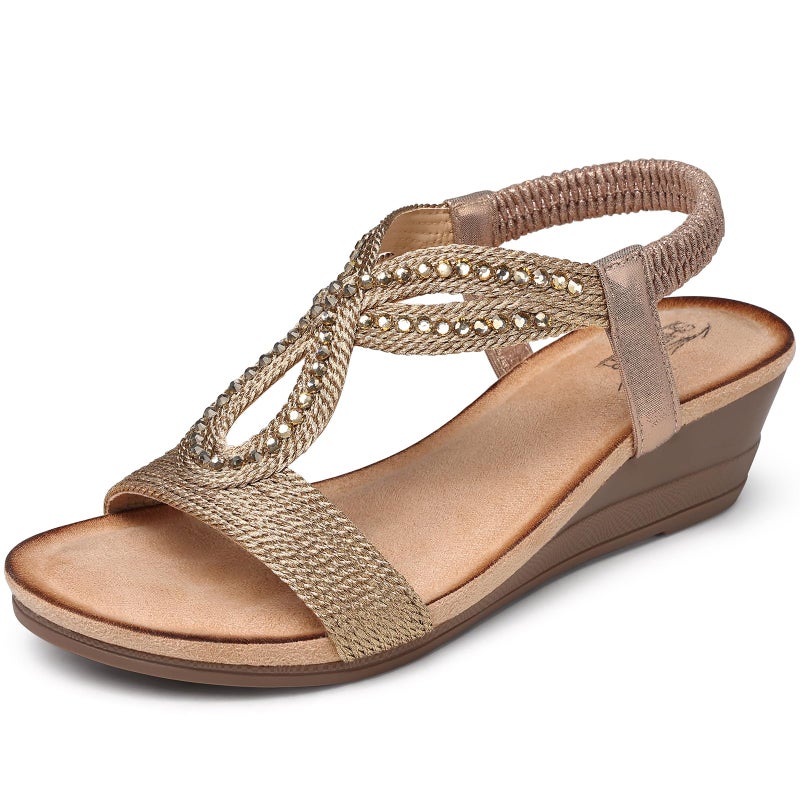 SHIBEVER Wedge Sandals for Women Dressy: Summer Ladies Size 8 Comfortable Walking Low Platform Casual Champagne Sandal - Image 1